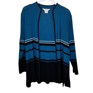 Exclusively MISOOK Knit Jacket Teal Blue Black Striped Contrast Trim Pockets XL